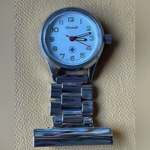 Vintage INGERSOLL Nurse 25mm Lapel Pin Quartz Watch Silver Case White Dial
